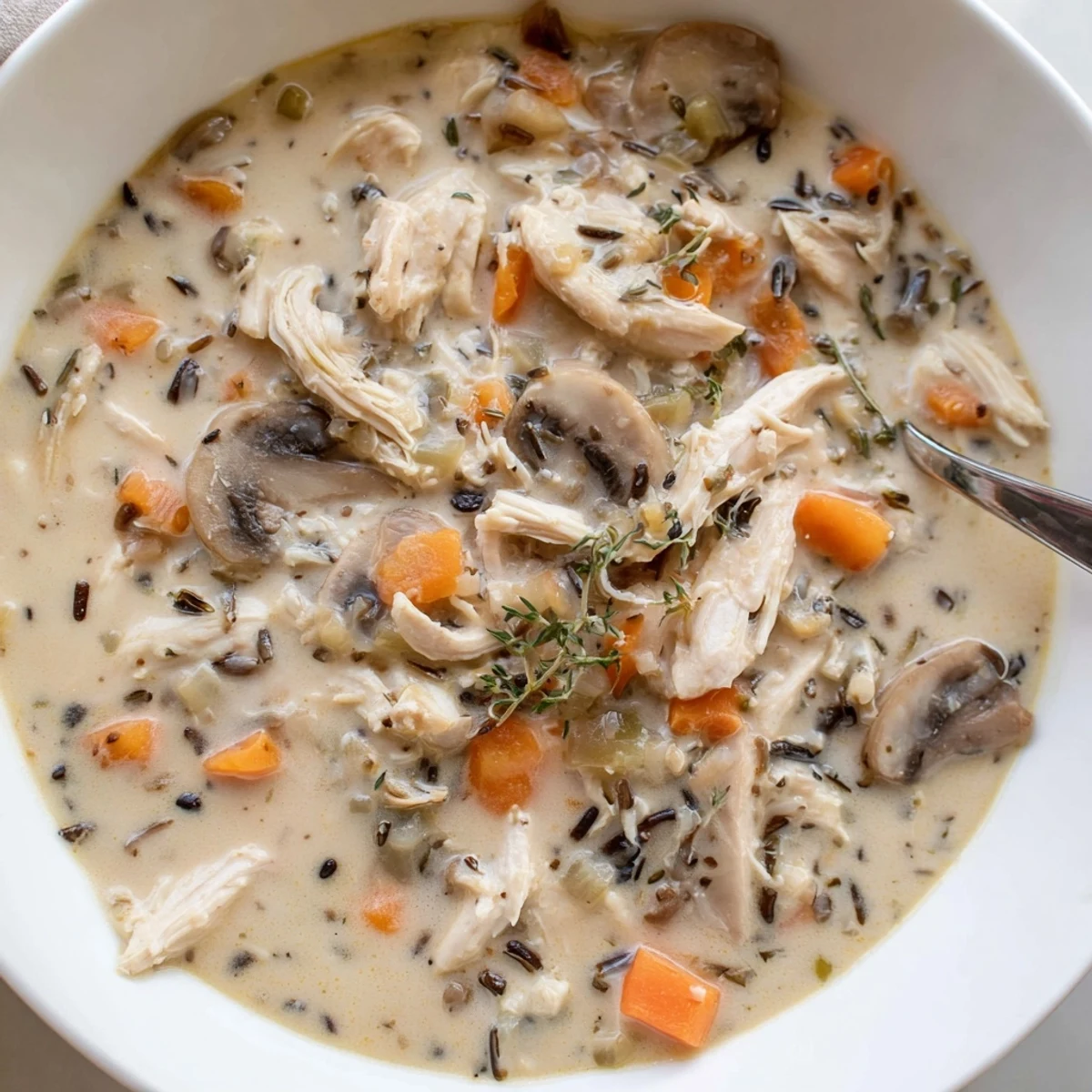 Tender chicken and earthy mushrooms in creamy slow cooker chicken mushroom wild rice soup.