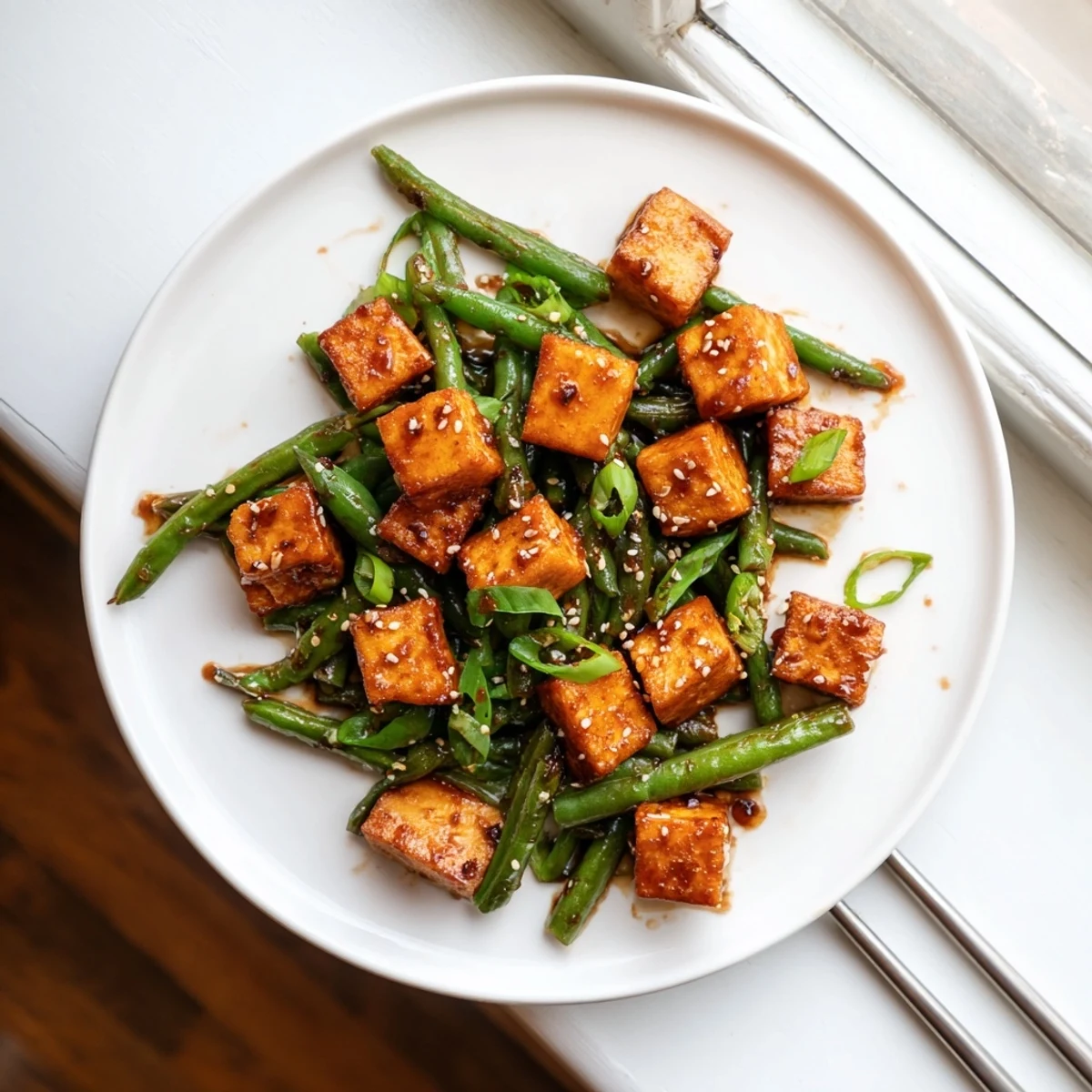 Golden crispy black pepper tofu served with tender green beans over steamed rice