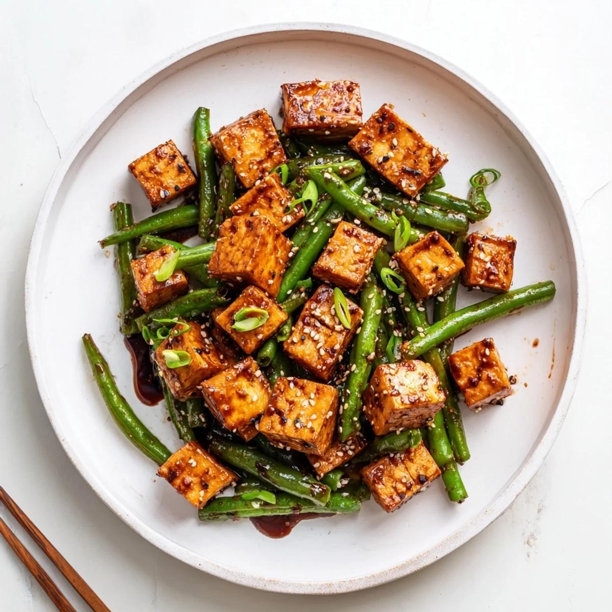 Vibrant crispy black pepper tofu and green beans garnished with sesame seeds and scallions
