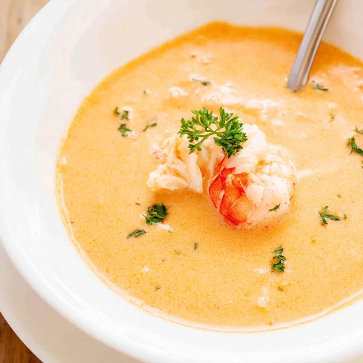 Steaming bowl of creamy crab and shrimp bisque garnished with fresh parsley