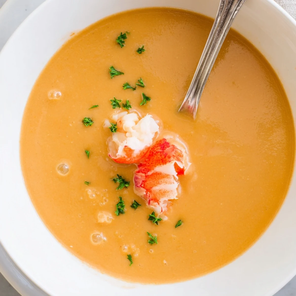 Golden creamy crab and shrimp bisque ladled into a white soup bowl