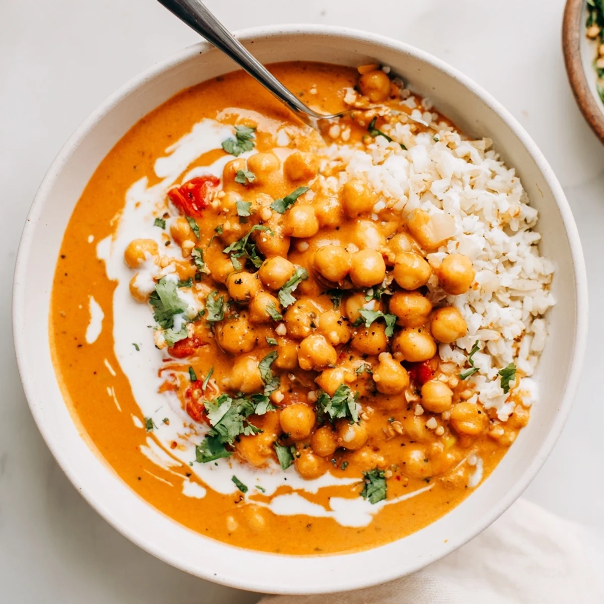 Creamy Greek Yogurt Chickpea Curry steaming over basmati rice, cilantro garnish.  