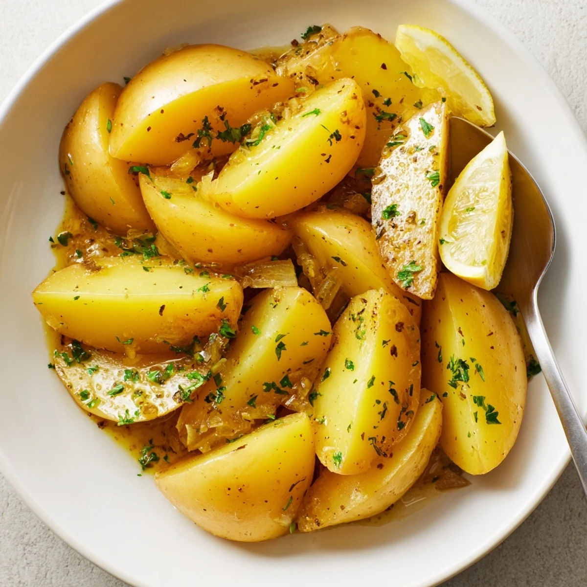 Warm Authentic Greek Lemon Potatoes Recipe plated with parsley, crisp edges, bright citrus