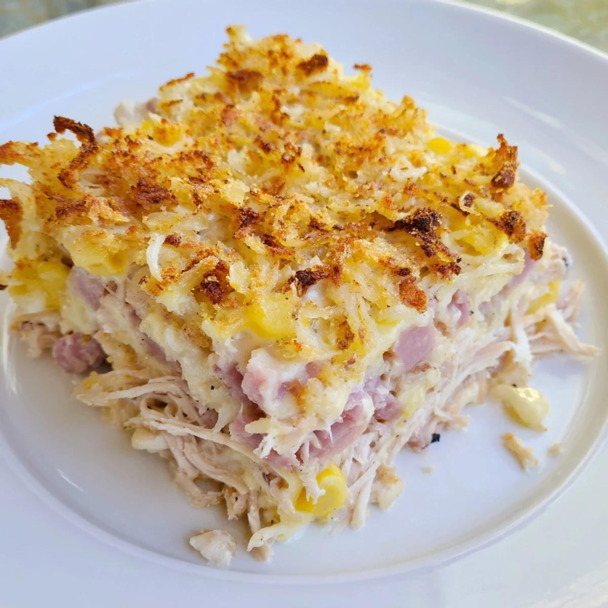 Hearty Chicken Cordon Bleu Casserole Recipe sliced, showing tender chicken and gooey Swiss