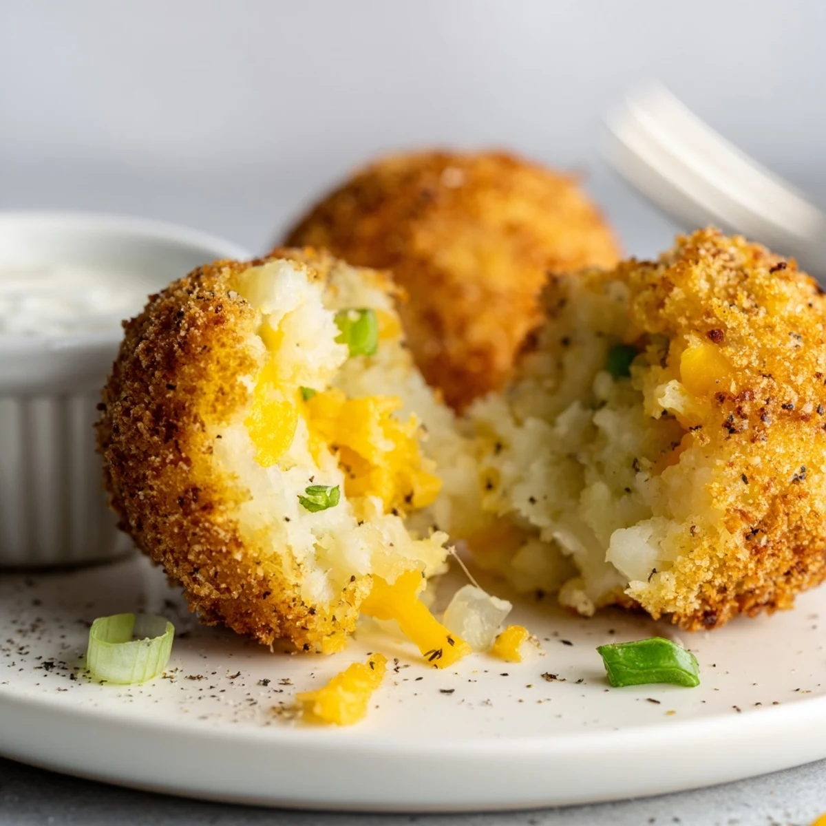 Golden Fried Mashed Potato Balls with melted cheddar, crispy panko crust