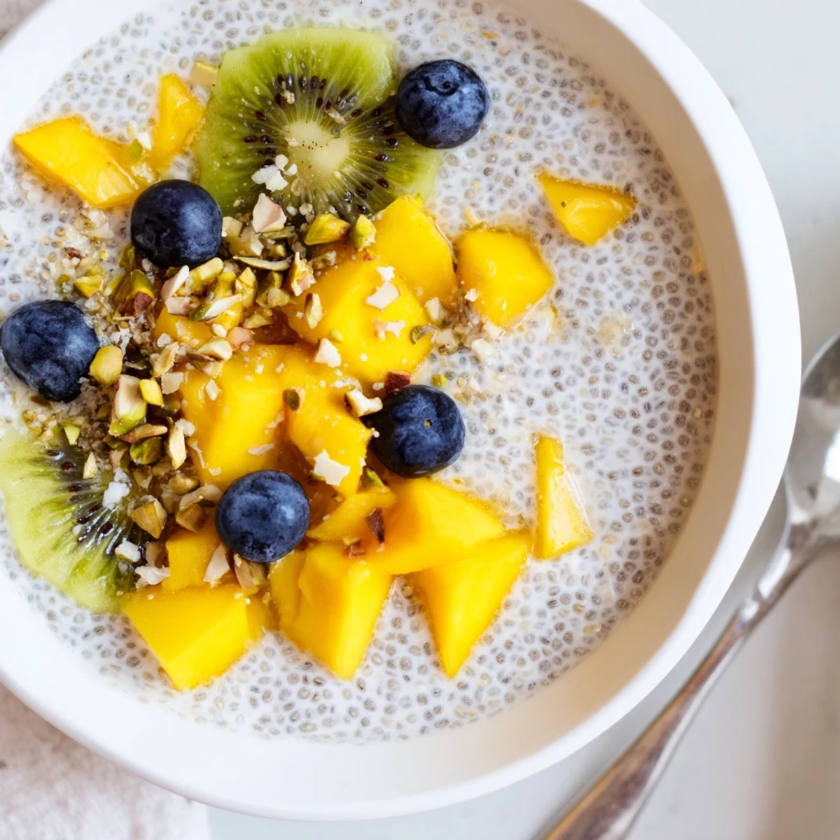 Creamy Coconut Chia Pudding topped with mango and toasted coconut flakes