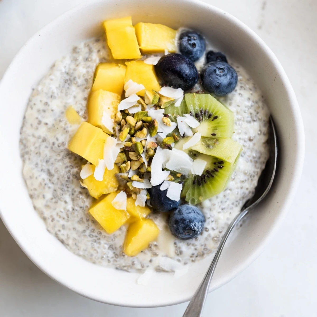 Chilled Coconut Chia Pudding in glass jar, garnished with fresh berries