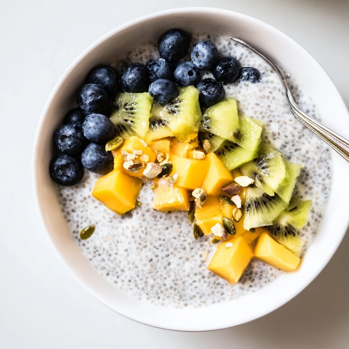 Silky Coconut Chia Pudding spoonful lifted, fragrant vanilla and maple sweetness
