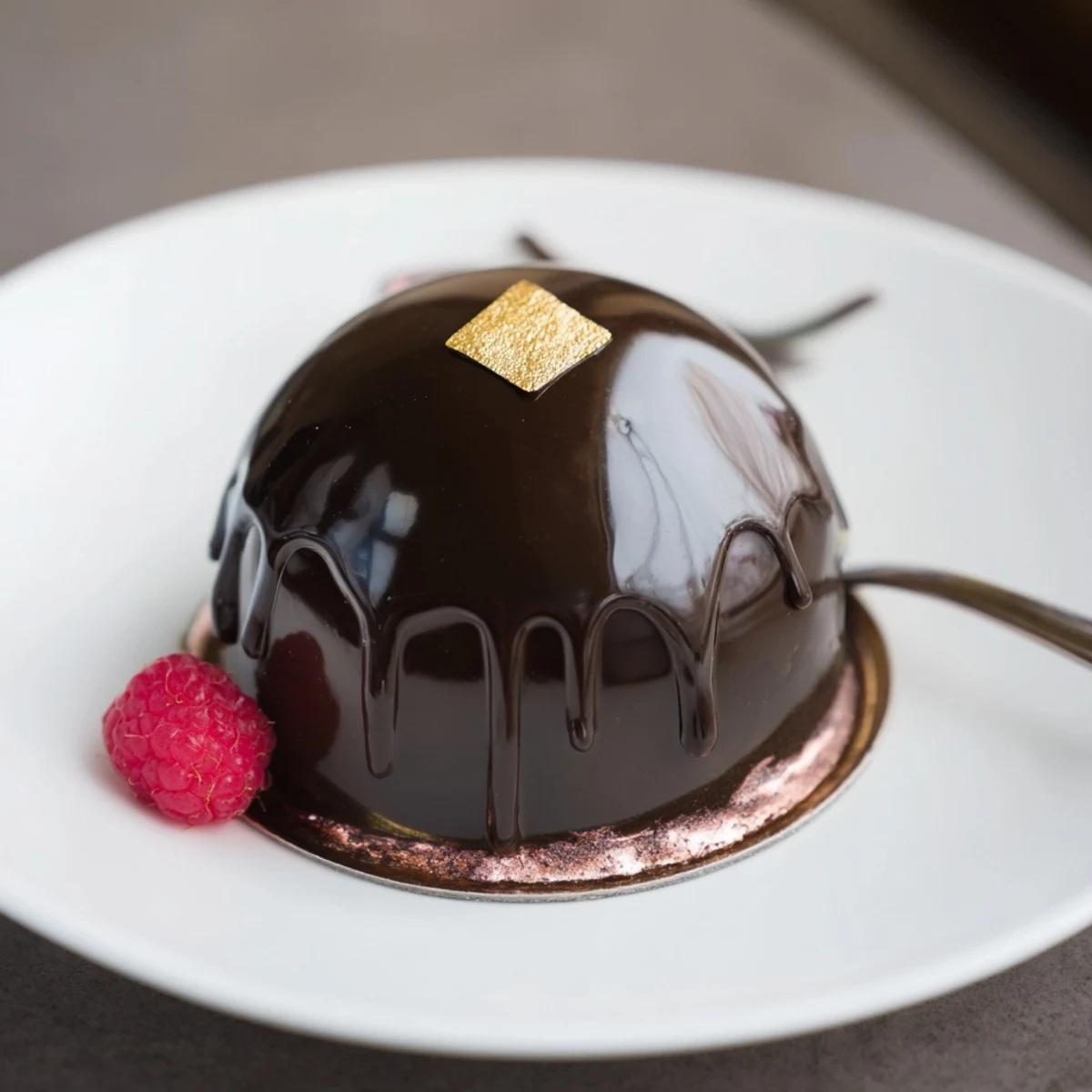 Plated Elegant Chocolate Mascarpone Dome Dessert With Glossy Shells finished with gold leaf