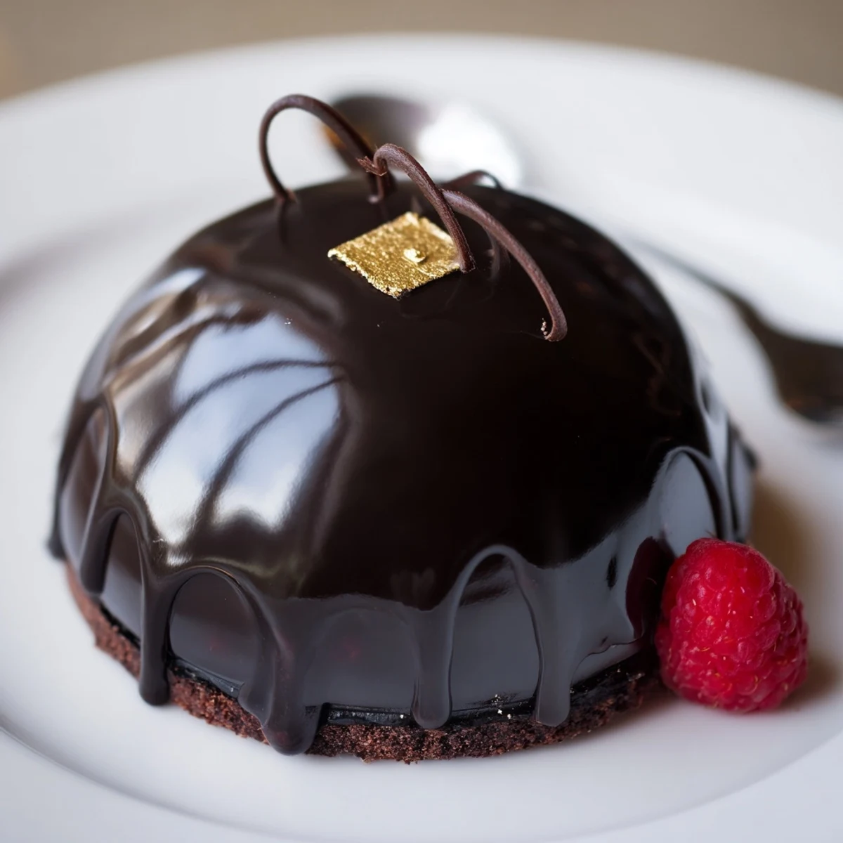 Spoon-ready Elegant Chocolate Mascarpone Dome Dessert With Glossy Shells, creamy center revealed