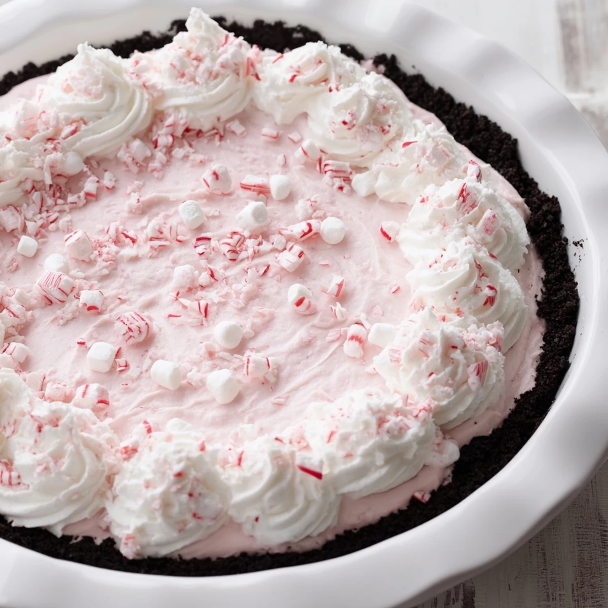 No-bake Candy Cane Pie topped with whipped cream and crushed candy canes