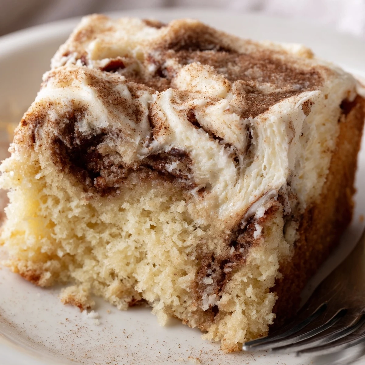 Slice of Cinnamon Roll Poke Cake on plate, soft crumb and cinnamon swirls