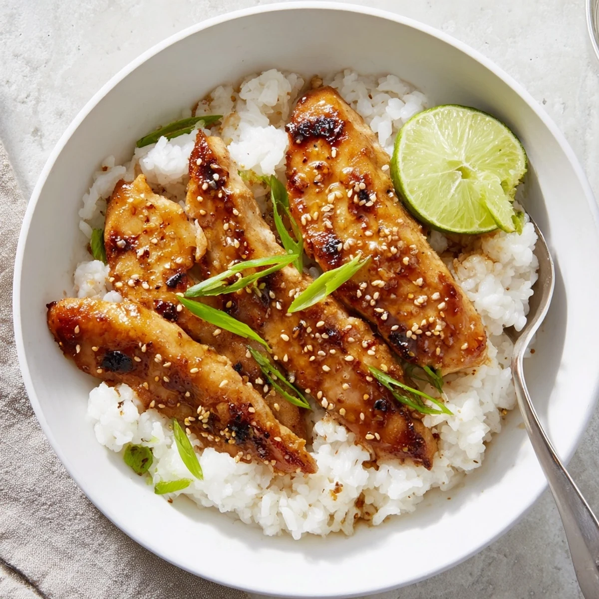 Skillet-seared Spicy Maple Chicken And Coconut Rice plated with scallions, zesty lime.