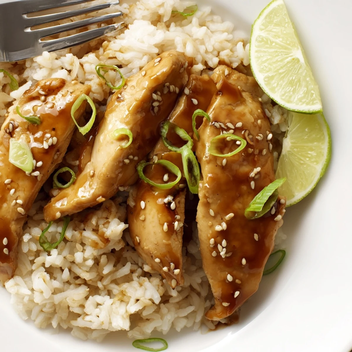 Tender Spicy Maple Chicken And Coconut Rice topped with toasted sesame and lime.