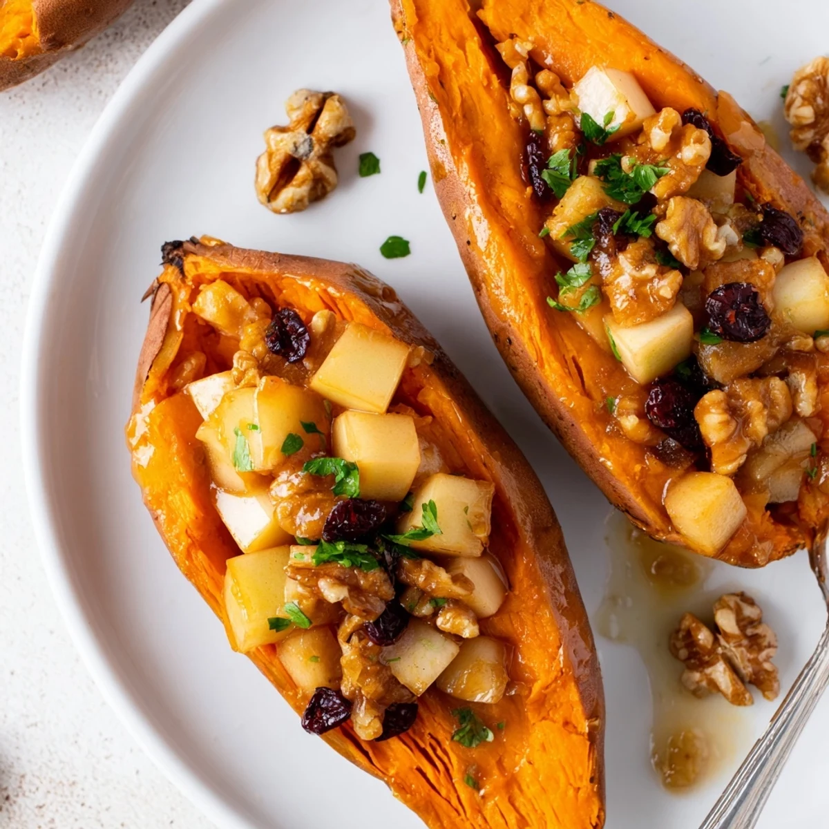 Warm Stuffed Sweet Potatoes With Apples, cinnamon aroma, chopped walnuts, maple drizzle