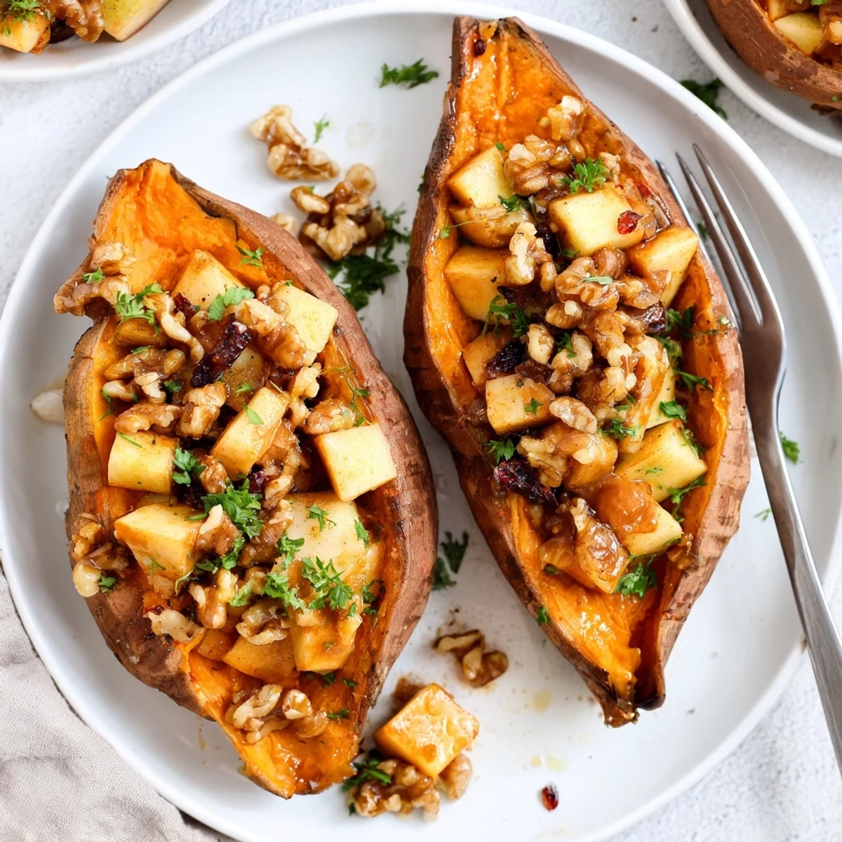 Roasted Stuffed Sweet Potatoes With Apples topped with crunchy walnuts and cranberries