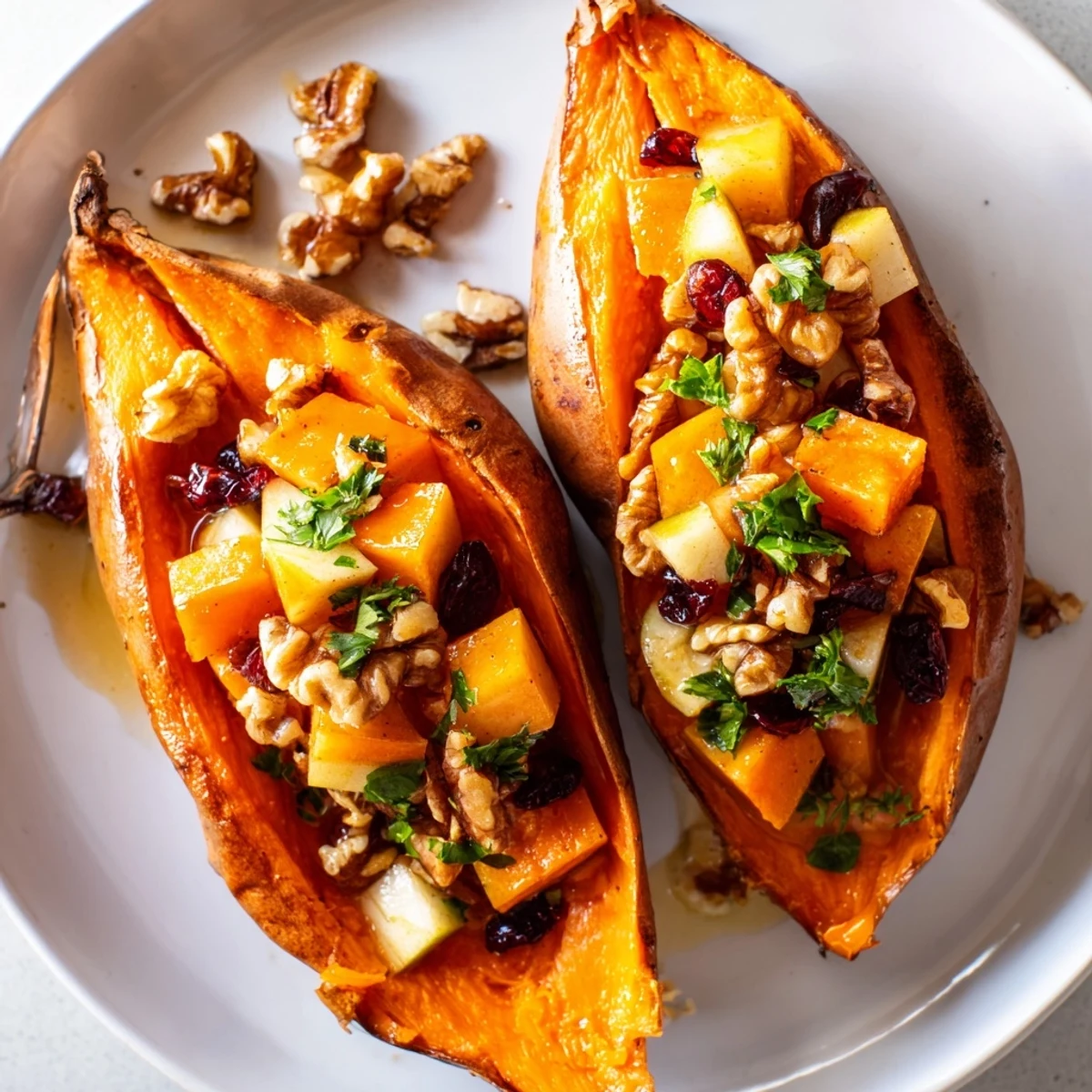 Hearty Stuffed Sweet Potatoes With Apples, buttery fork-fluffed flesh, cozy autumn flavors