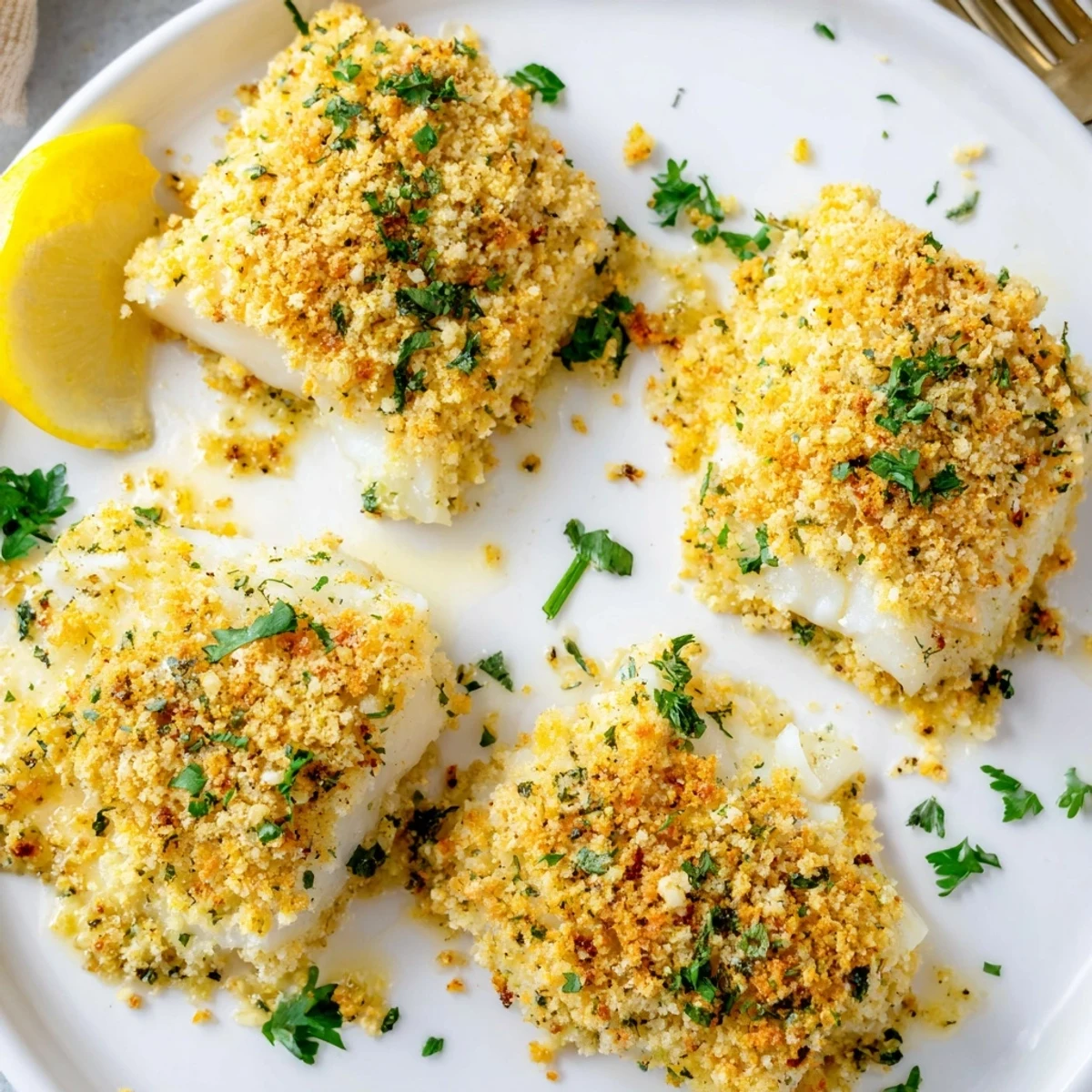 Boston Baked Cod with golden breadcrumb crust, tender flaky fillets and lemon
