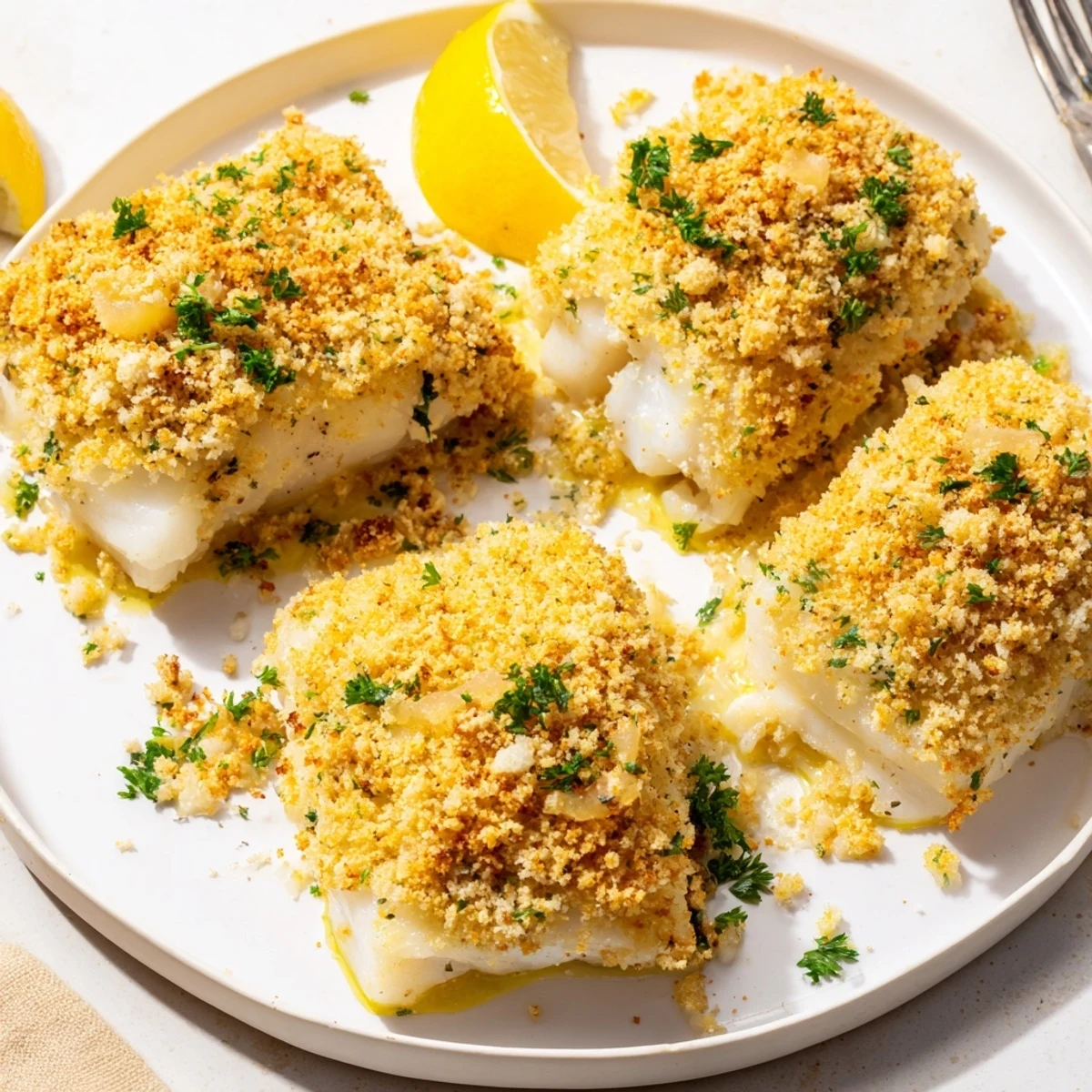 Herb-crusted Boston Baked Cod, oven-warm and aromatic, ready for mashed potatoes