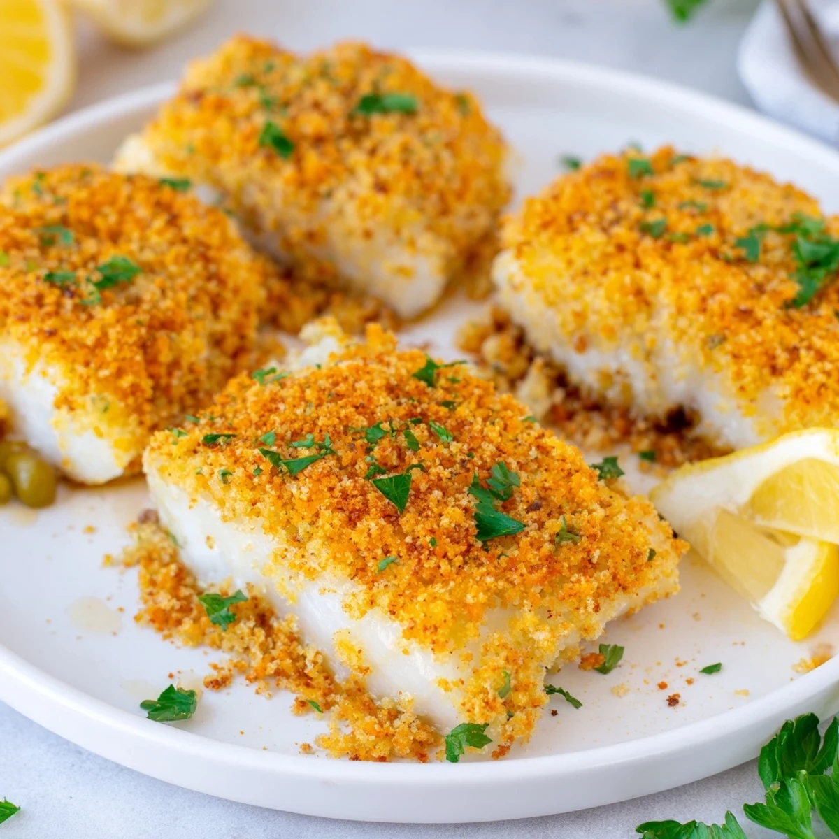 Golden-topped Boston Baked Cod, buttery crumbs crisped, lemon wedge for squeezing