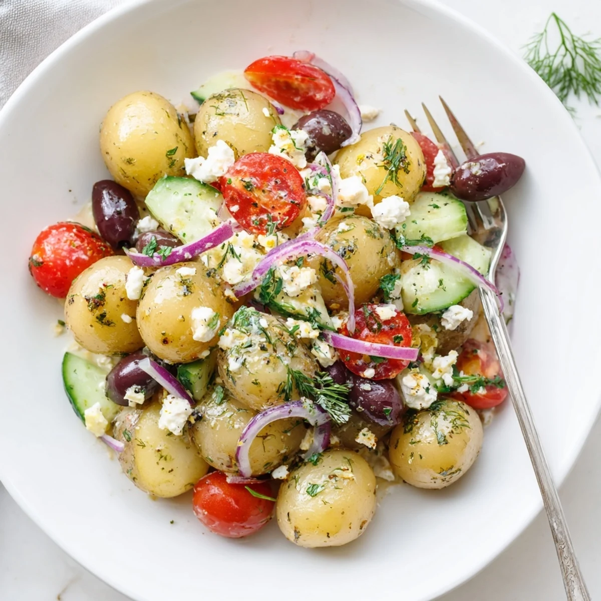 Hearty Olive Greek Potato Salad layered with creamy feta and briny olives