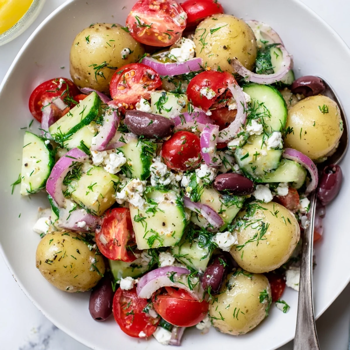 A bowl of Olive Greek Potato Salad chilled for summer picnics and barbecues