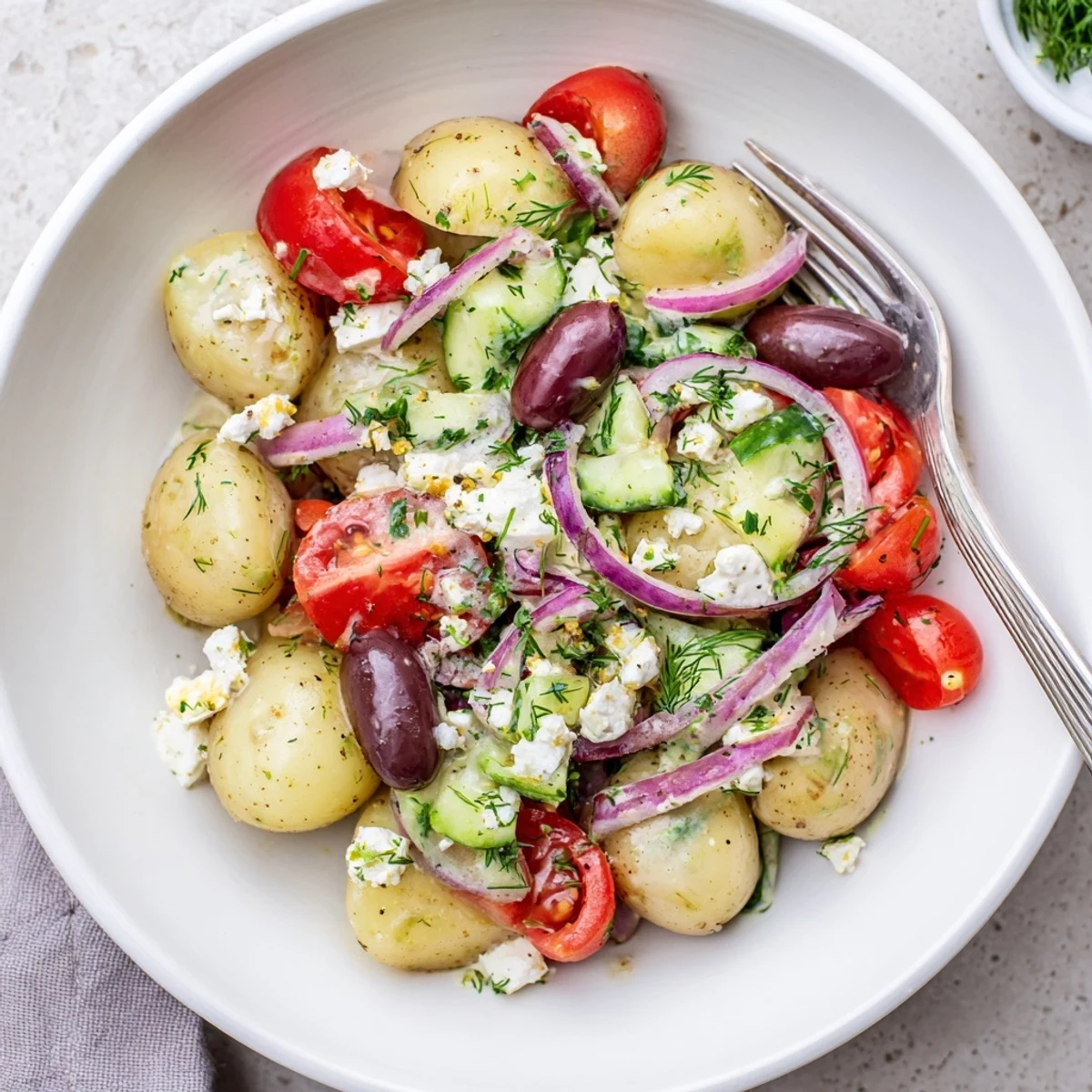 Olive Greek Potato Salad showcasing fork-tender potatoes, tangy lemon dressing, cucumber crunch