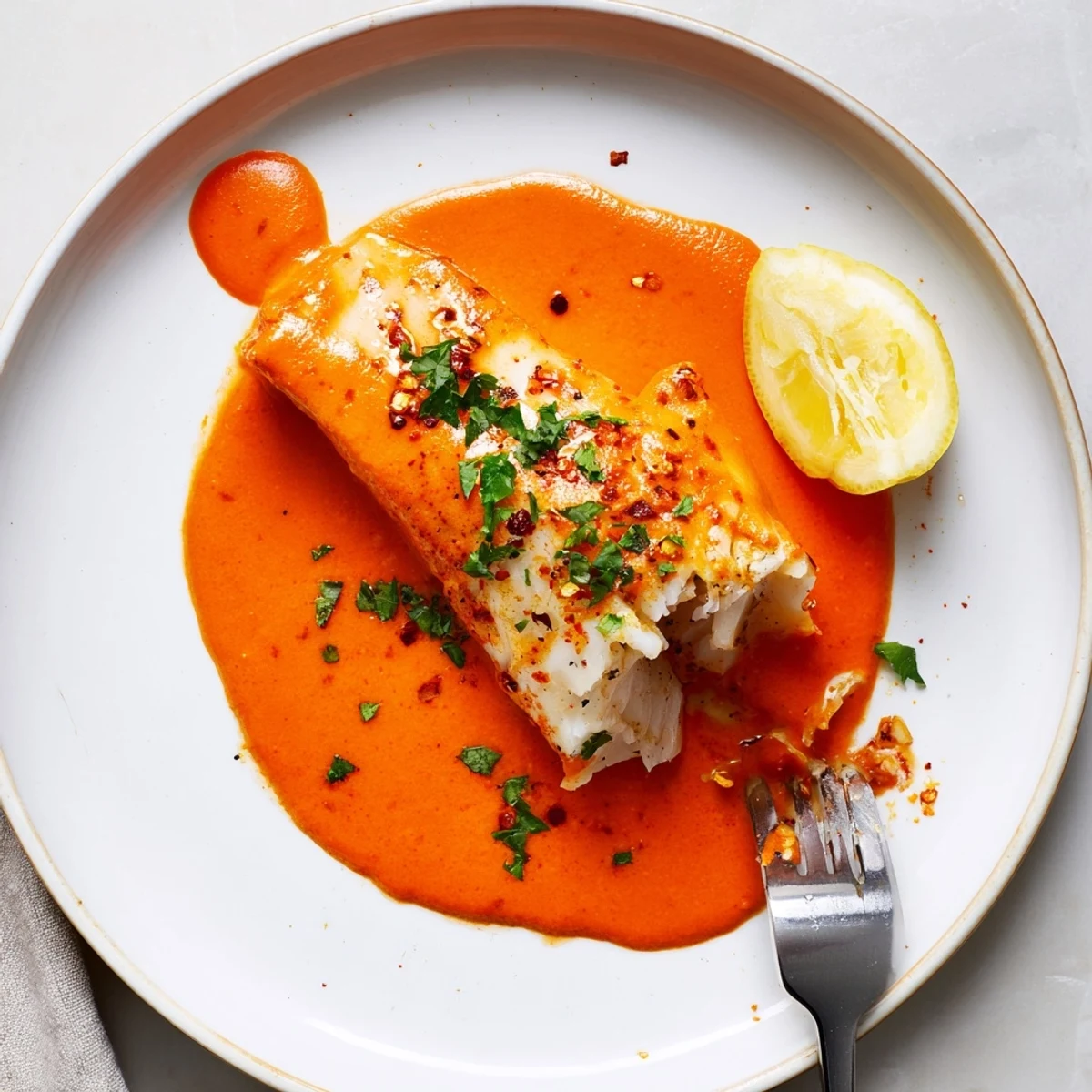 Pan poached Cod In Roasted Red Pepper Sauce, bright and garnished with lemon