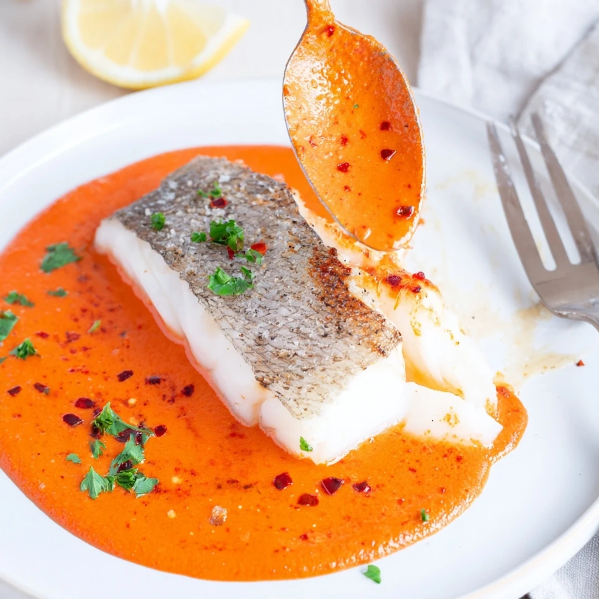 Tender Cod In Roasted Red Pepper Sauce served over fluffy rice