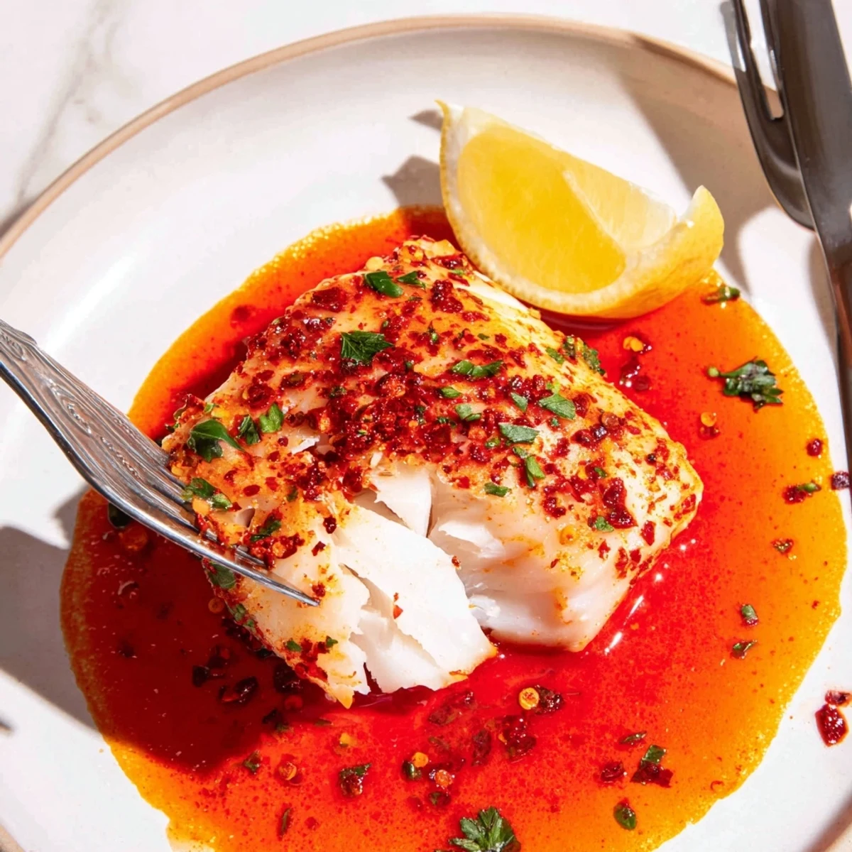 Bright Mediterranean Cod In Roasted Red Pepper Sauce spooned over crusty bread