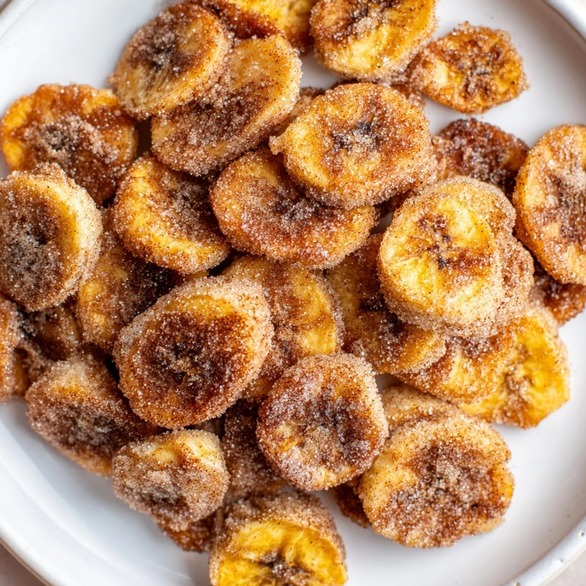 Crispy Cinnamon Sugar Air Fryer Banana Chips piled on parchment, golden crunch  