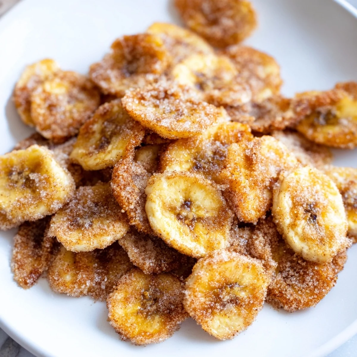 Warm Crispy Cinnamon Sugar Air Fryer Banana Chips dusted with extra cinnamon  