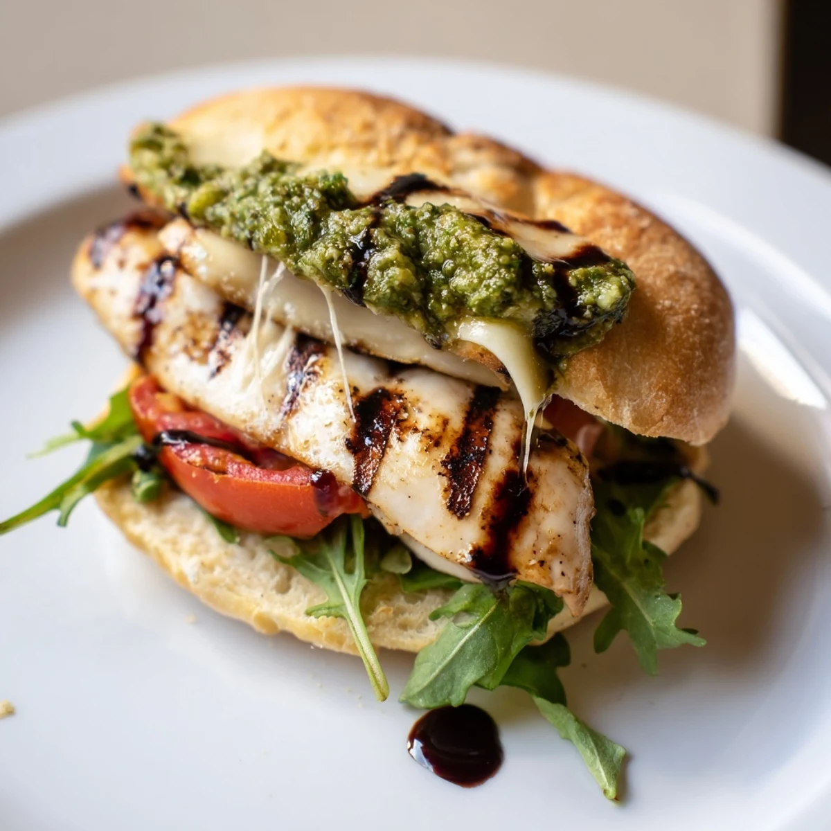 Warm Grilled Chicken Pesto Sandwich layered with ripe tomato and balsamic drizzle