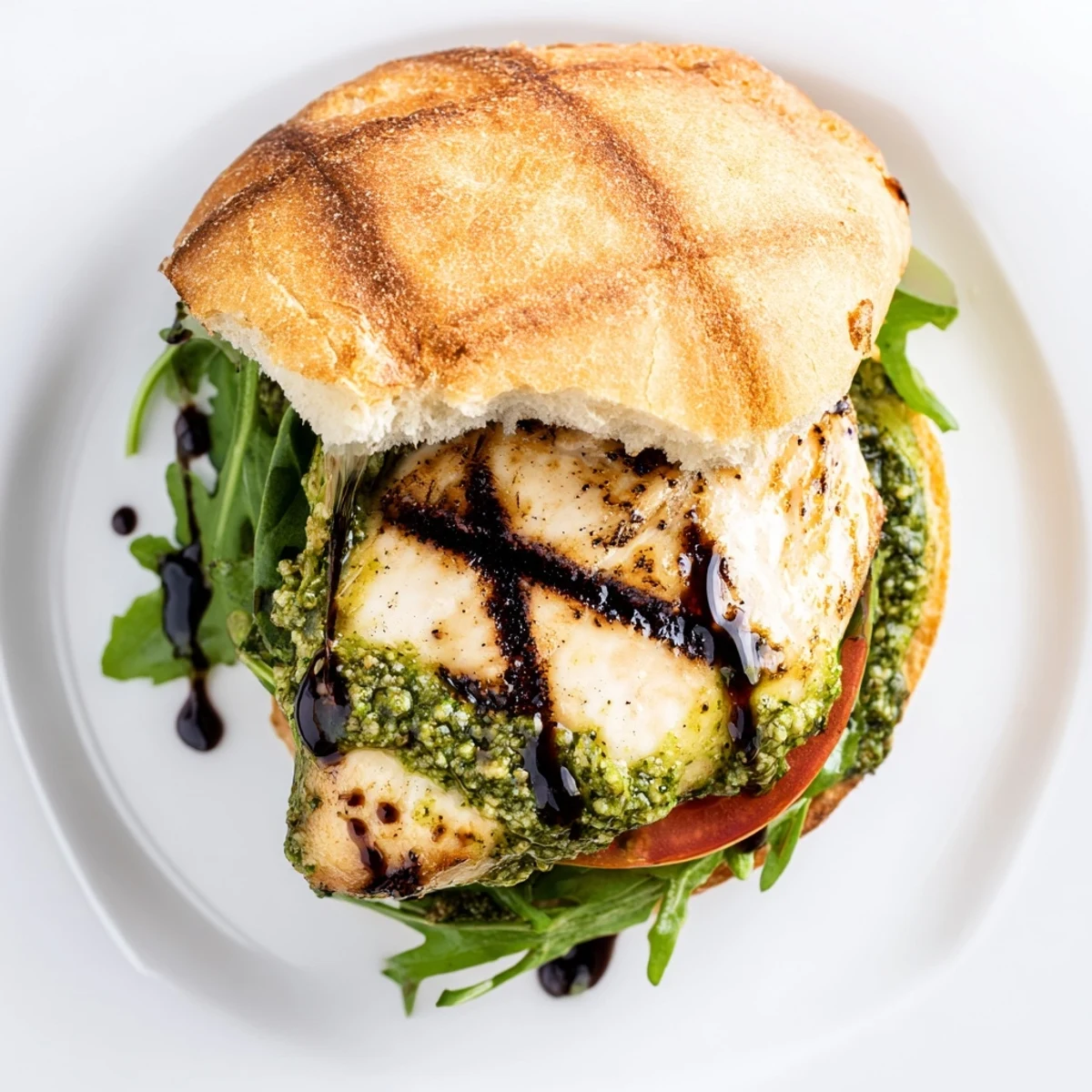 Grilled Chicken Pesto Sandwich with melted mozzarella, charred grill marks, arugula