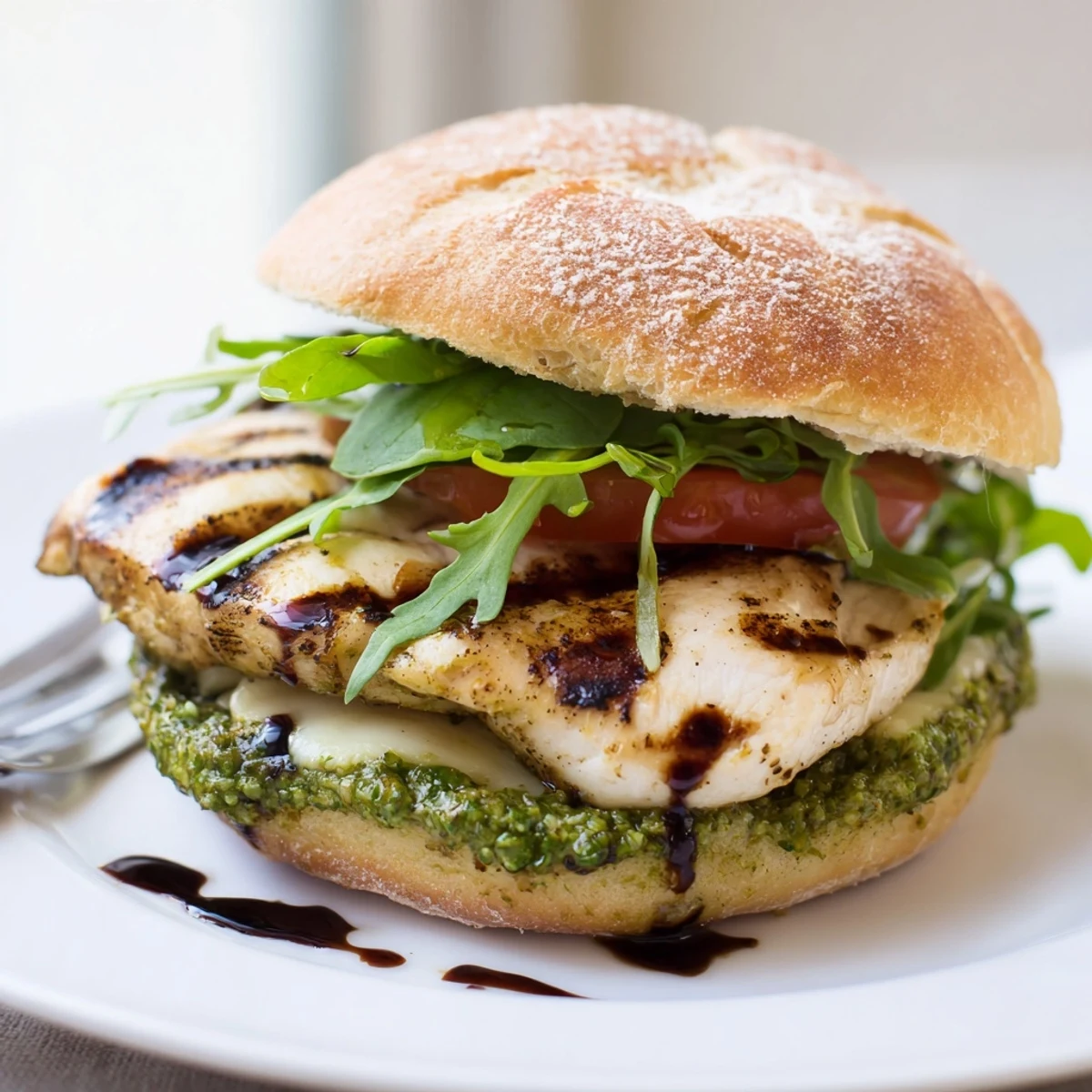 Open-faced Grilled Chicken Pesto Sandwich on toasted ciabatta, fragrant basil and pine nuts