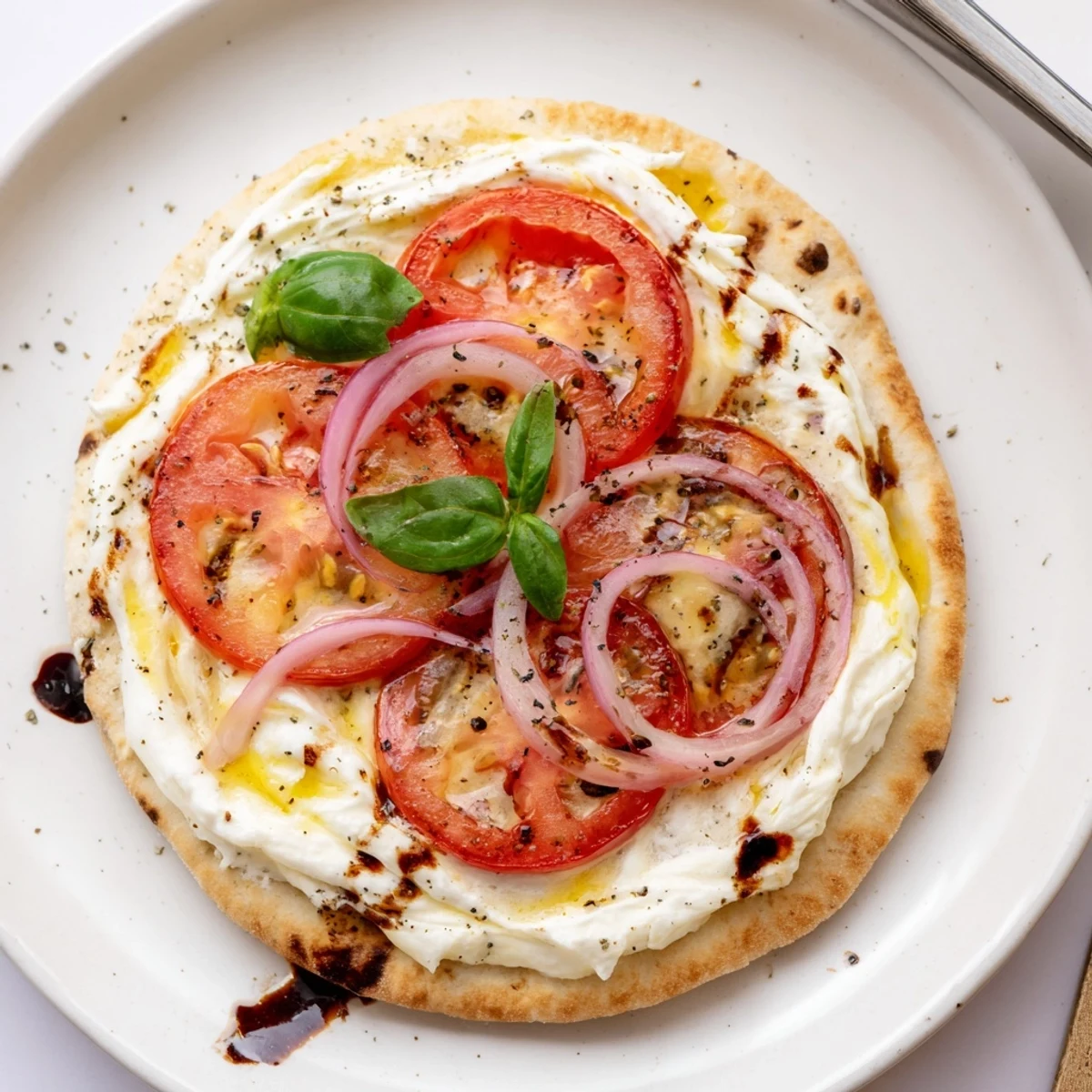 Oven-browned Caprese Pita Pizza With Whipped Garlic Feta, juicy tomato slices