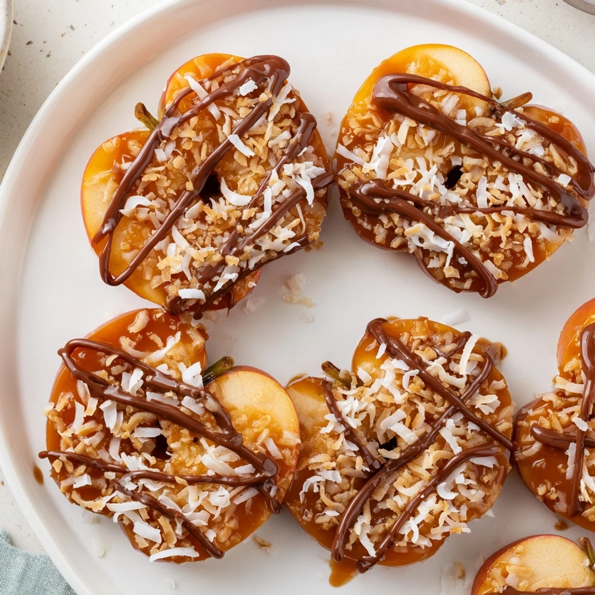 Samoa Apple Slices with gooey caramel, toasted coconut, and chocolate drizzle