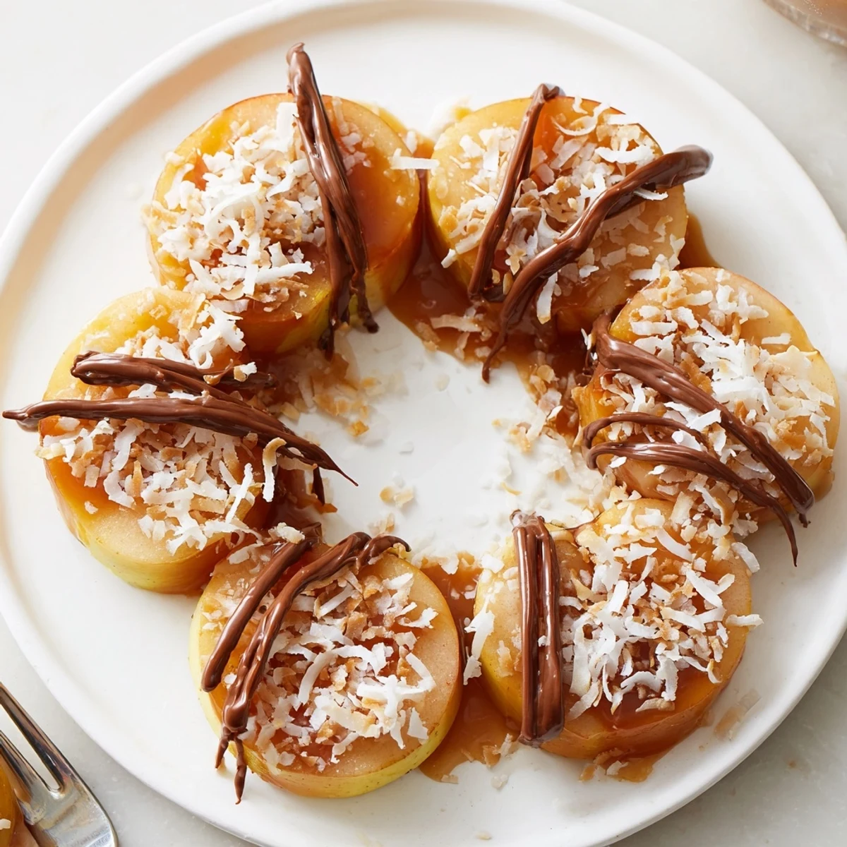 Samoa Apple Slices drizzled with chocolate, warm caramel, toasted coconut, flaky sea salt