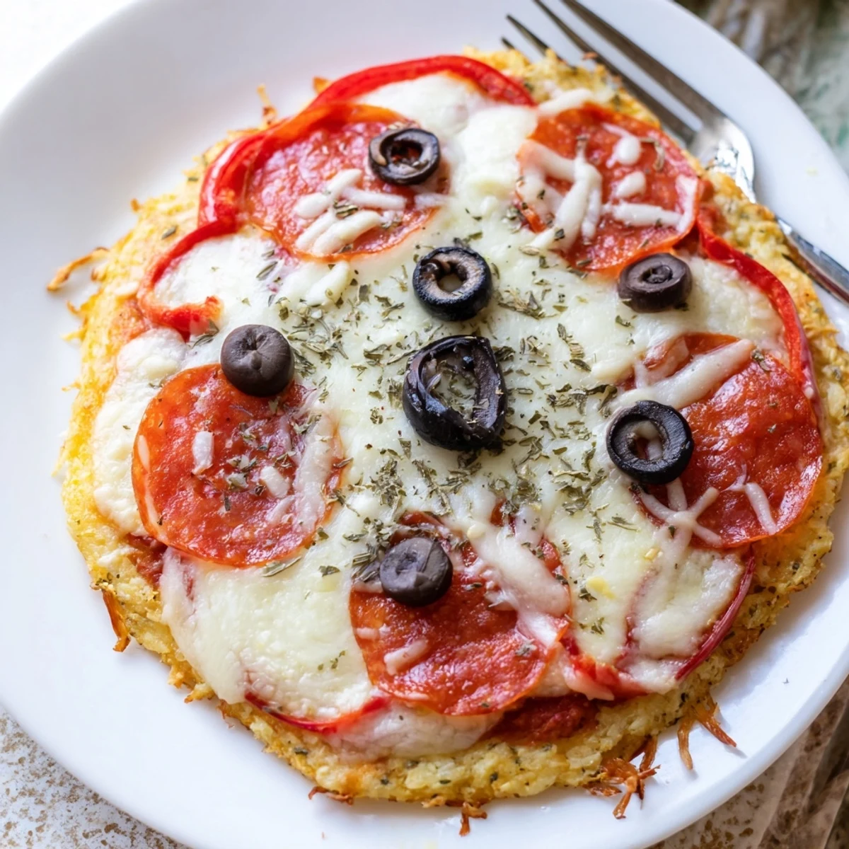 Freshly baked Keto Pizza With Crispy Low Carb Crust, bubbling mozzarella and pepperoni.