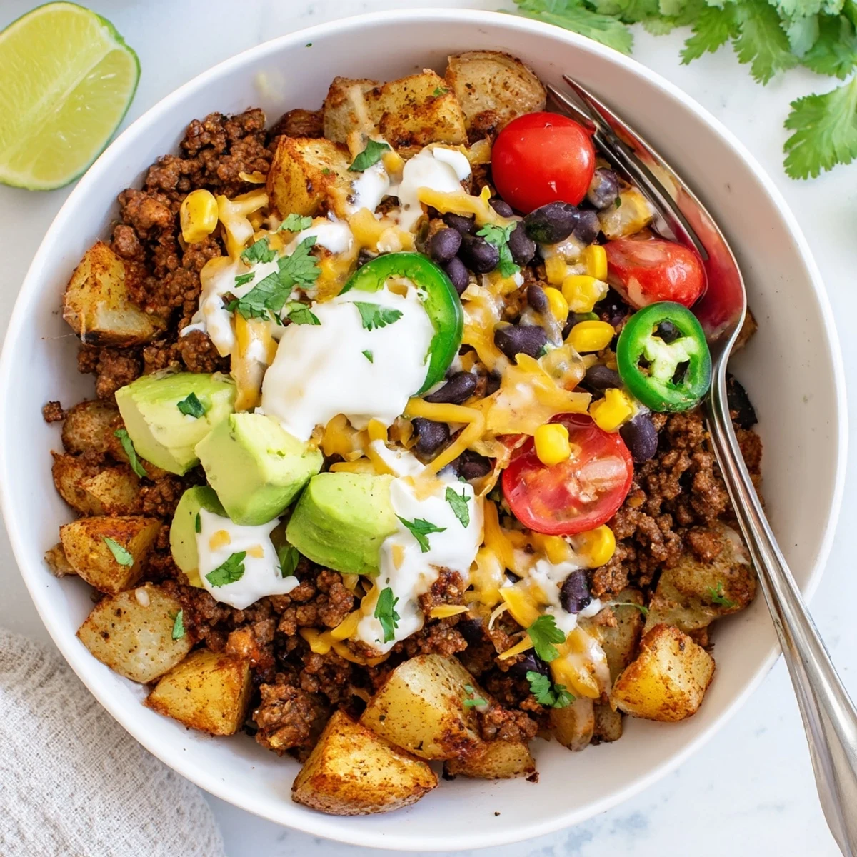 Hearty Loaded Potato Taco Bowl topped with zesty beef, creamy avocado, lime
