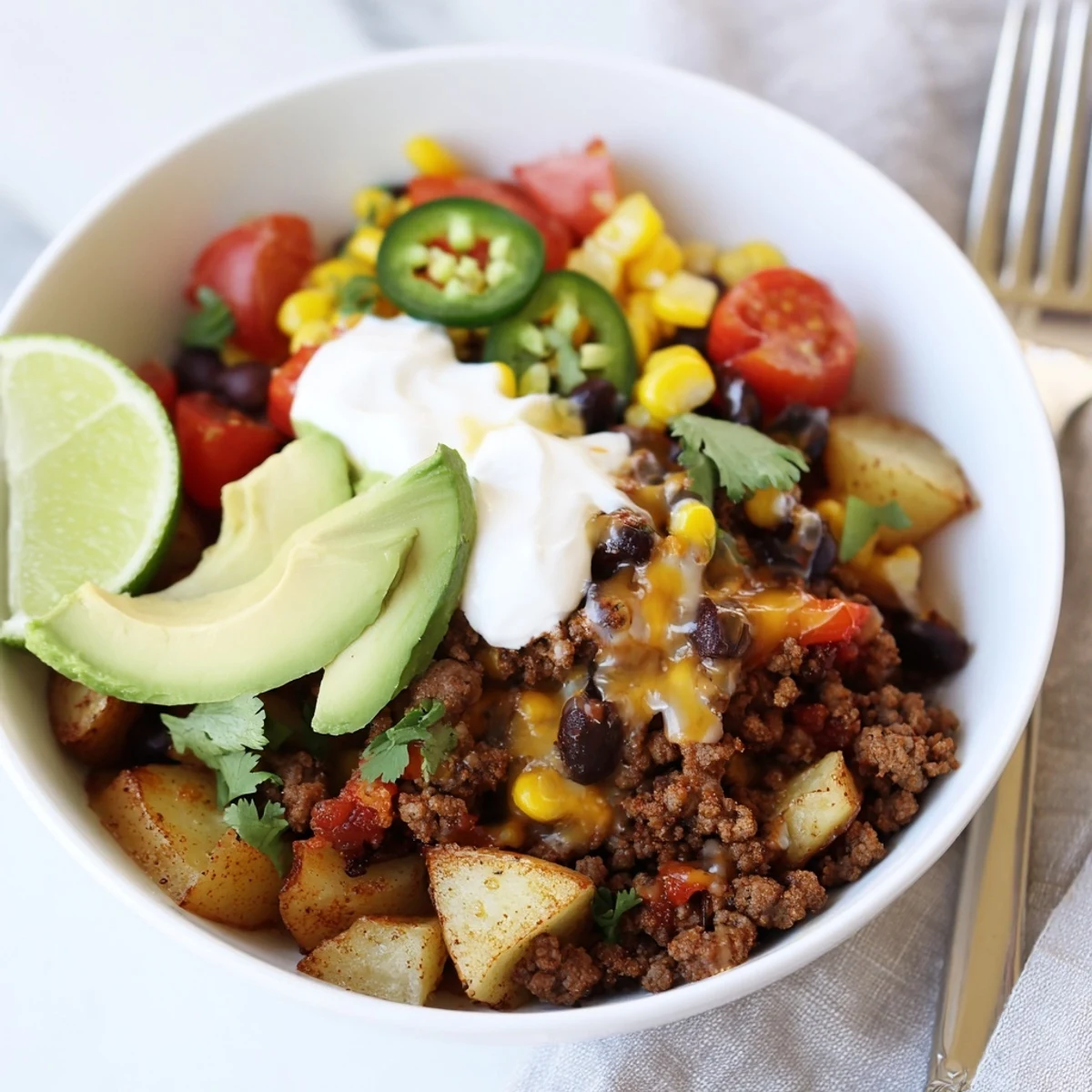 Loaded Potato Taco Bowl with crispy roasted potatoes, melty cheddar, bright cilantro