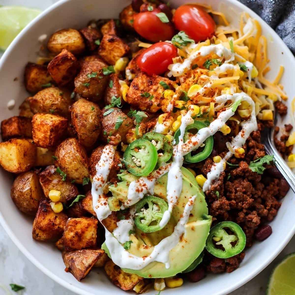 Vegetarian Loaded Potato Taco Bowl layered with smoky potatoes, black beans, jalapeños