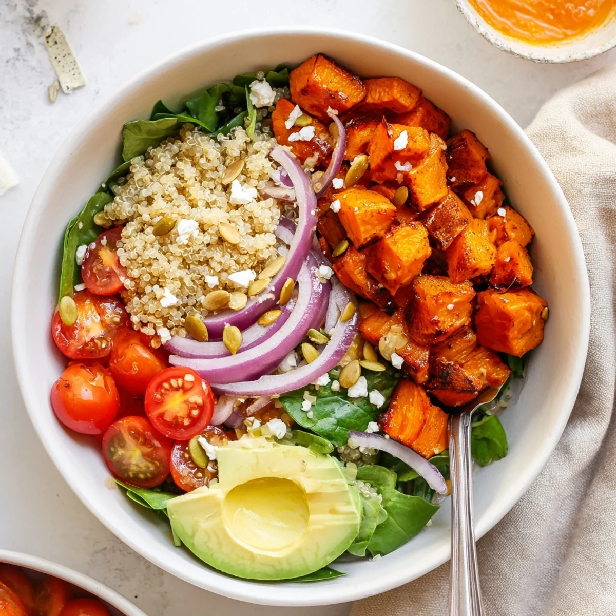 Roasted Sweet Potato Quinoa Salad Bowl with caramelized cubes, fluffy grains, bright citrus dressing