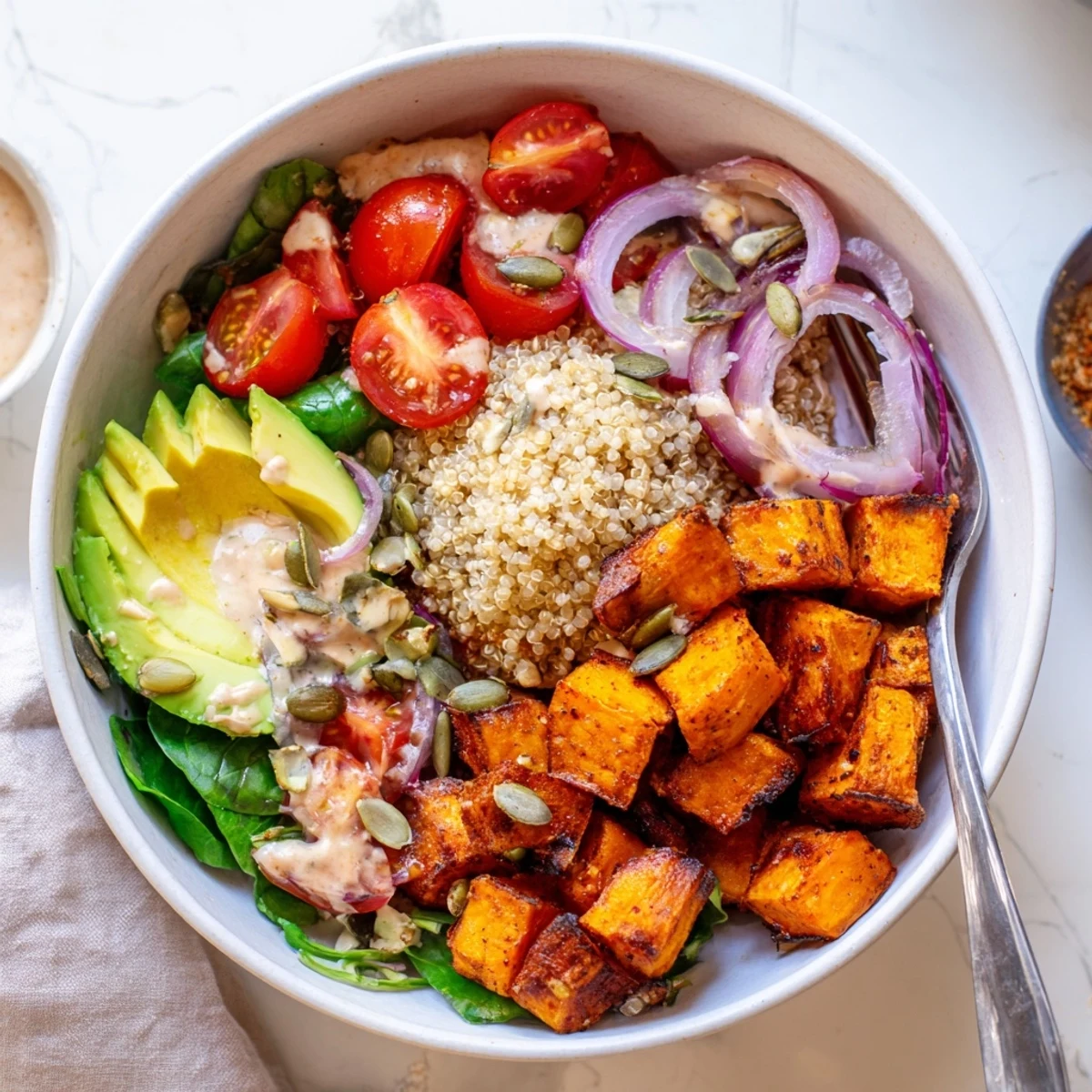 Glistening lemon-tahini dressing crowns Roasted Sweet Potato Quinoa Salad Bowl with herbs