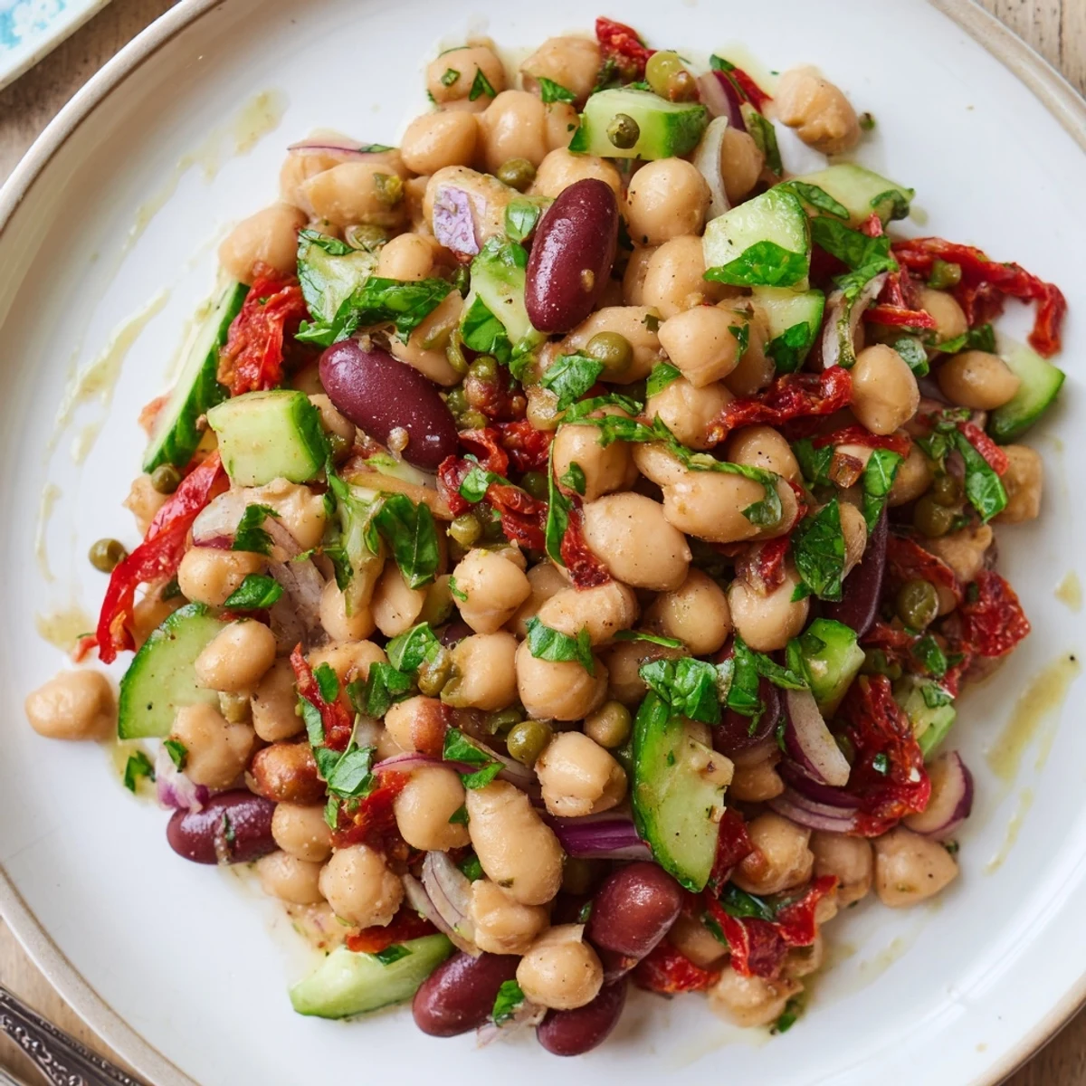 Rustic picnic plate showcasing Dense Bean Salad With Sun Dried Tomatoes and crusty bread