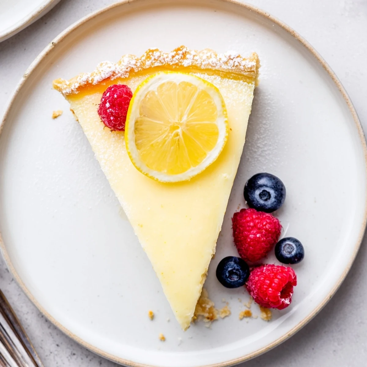 A chilled Creamy Lemon Tart Recipe garnished with fresh berries and bright zest