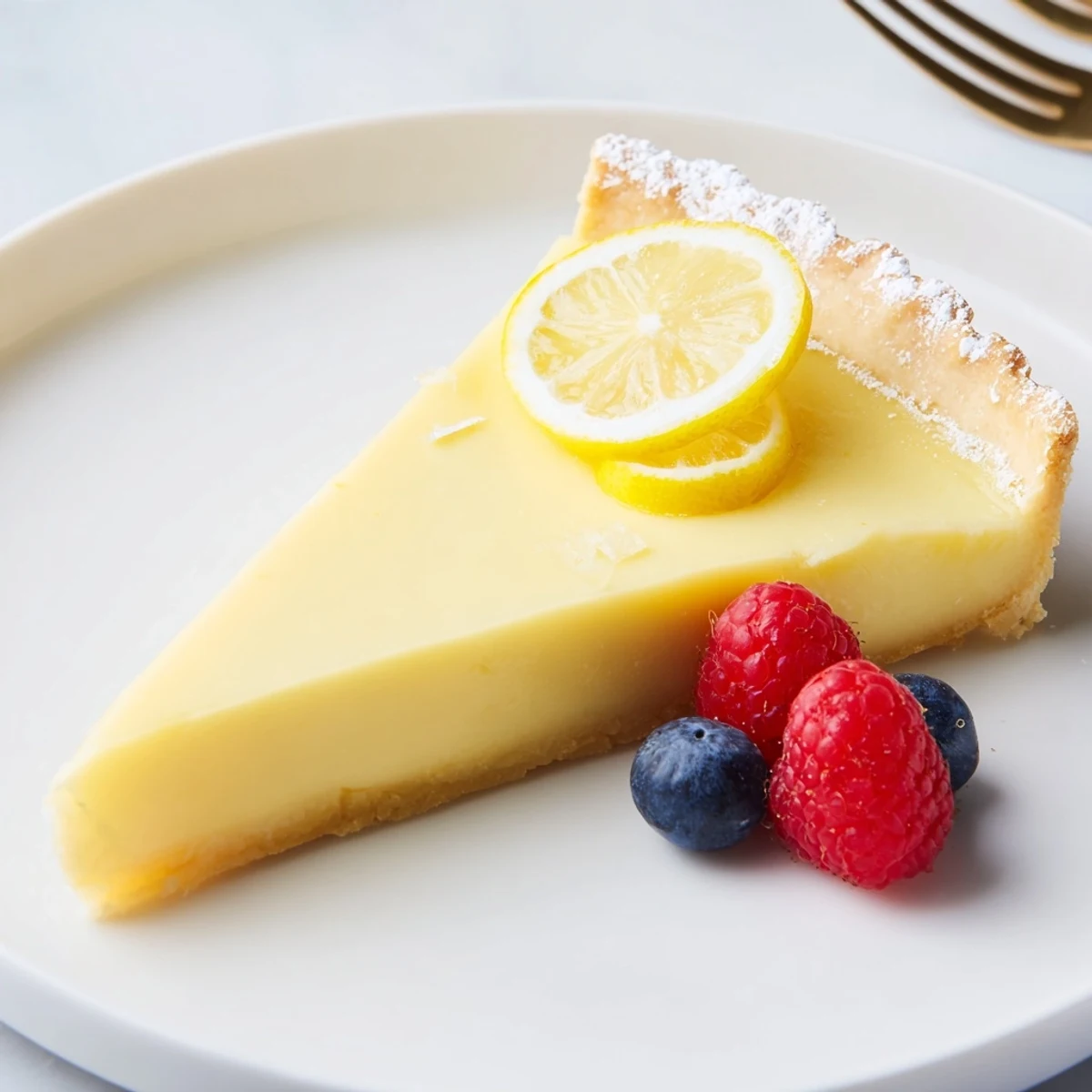 Slice of Creamy Lemon Tart Recipe served on a plate beside sparkling wine