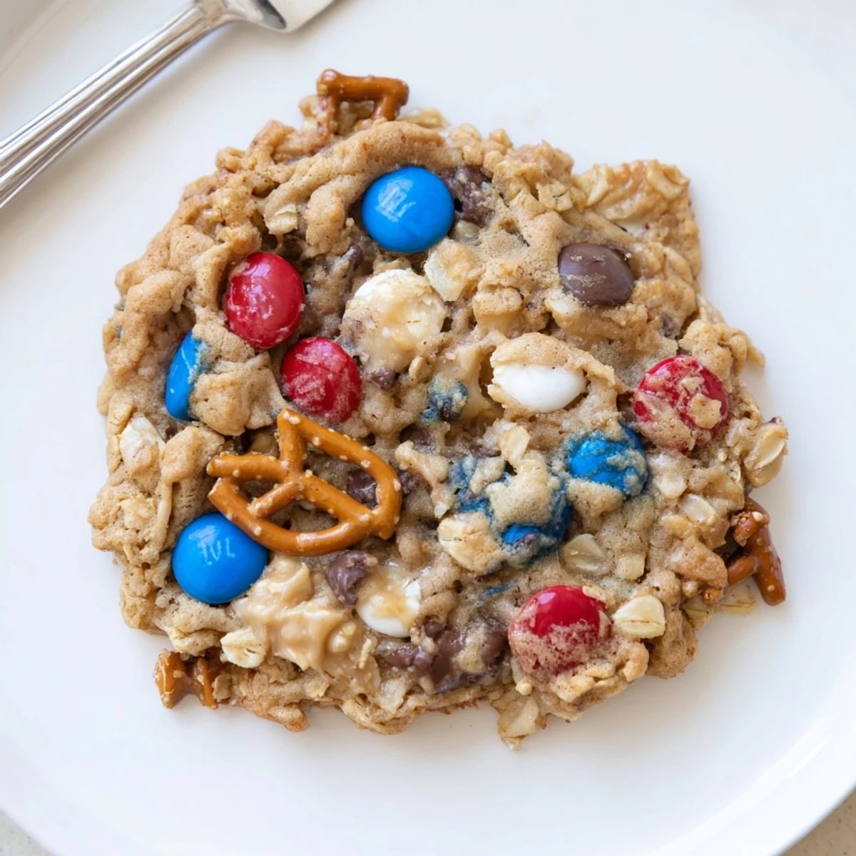 Warm Patriotic Monster Cookies Recipe with chewy oats, peanut butter, and candies