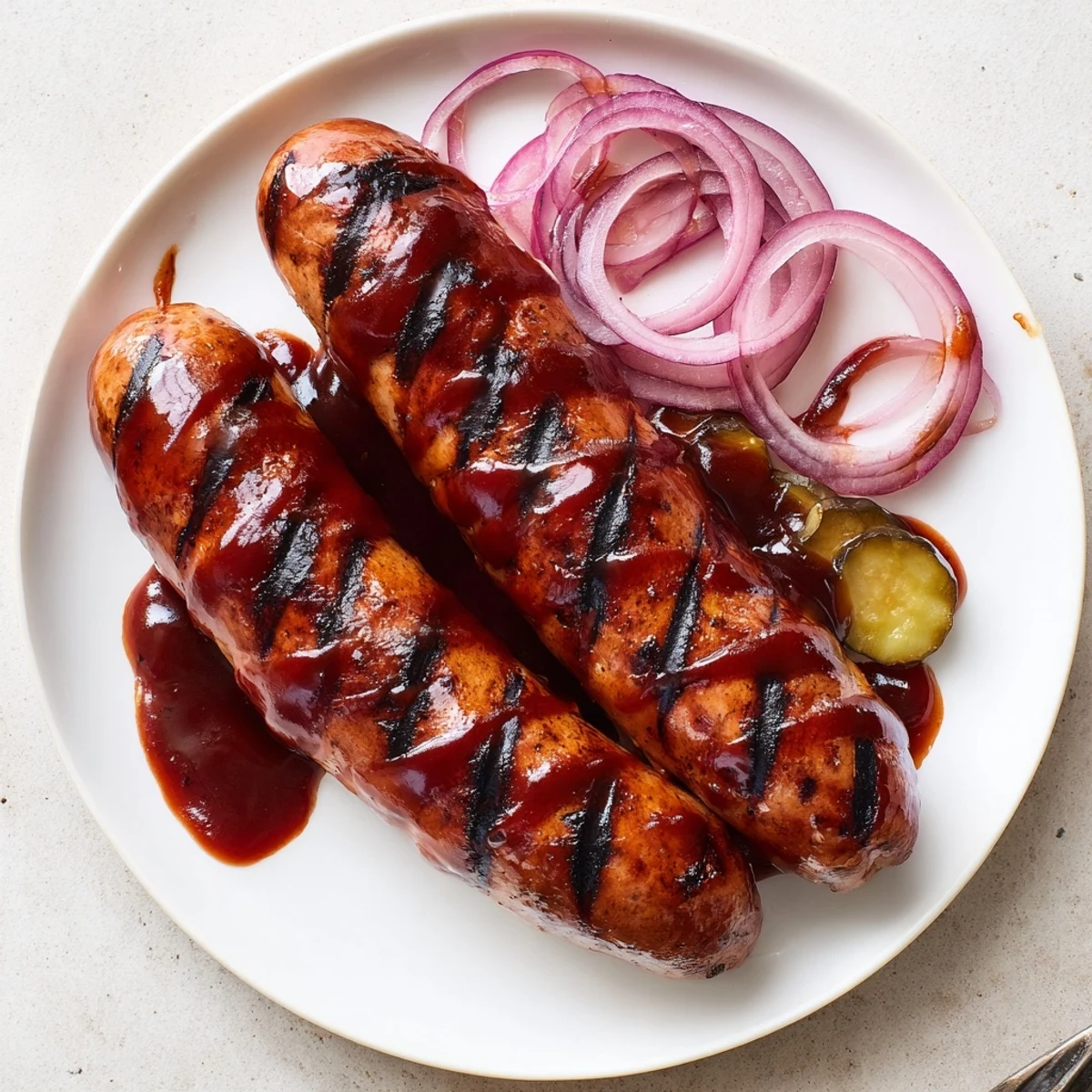 Grilled, caramelized links on a platter — BBQ Sausage Recipe served with coleslaw