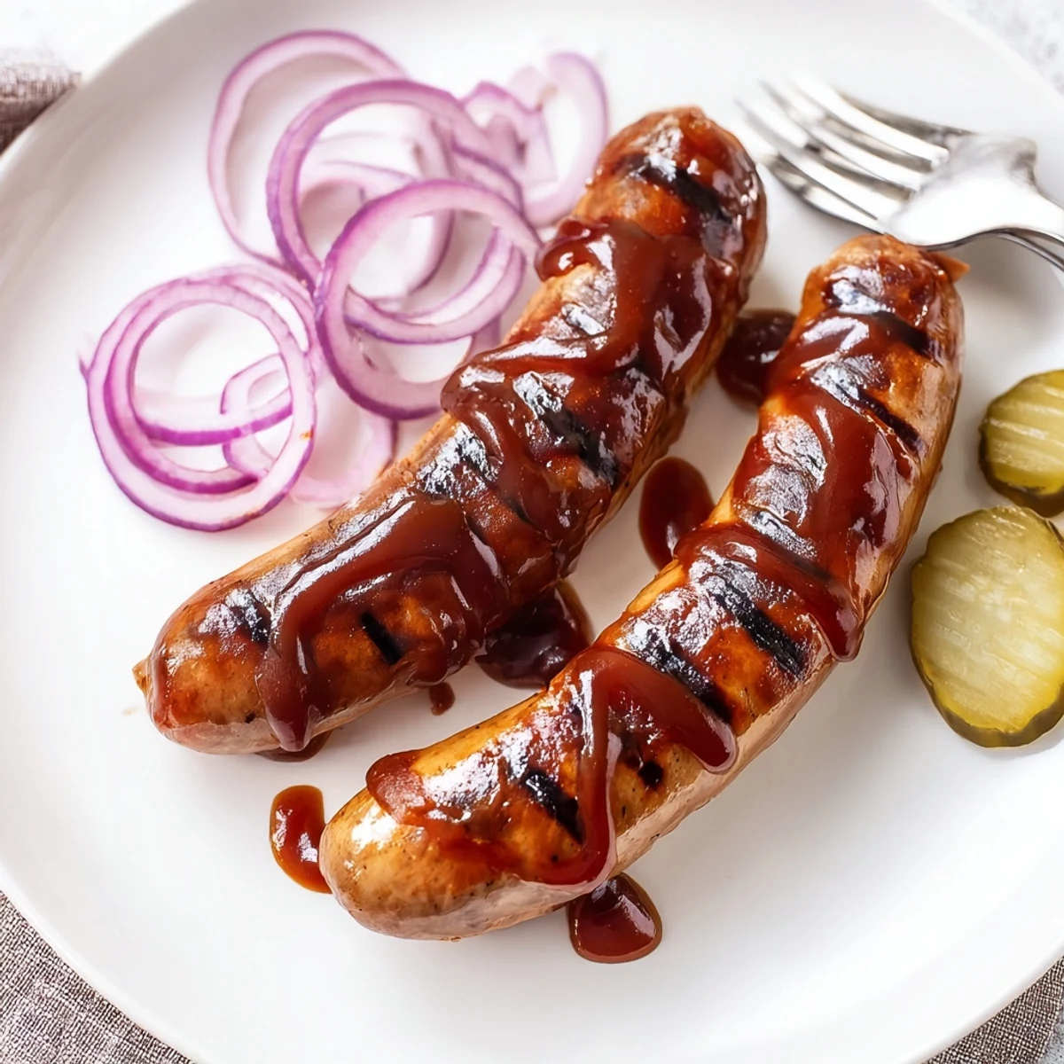 Hearty BBQ Sausage Recipe arranged in buns with pickles and mustard